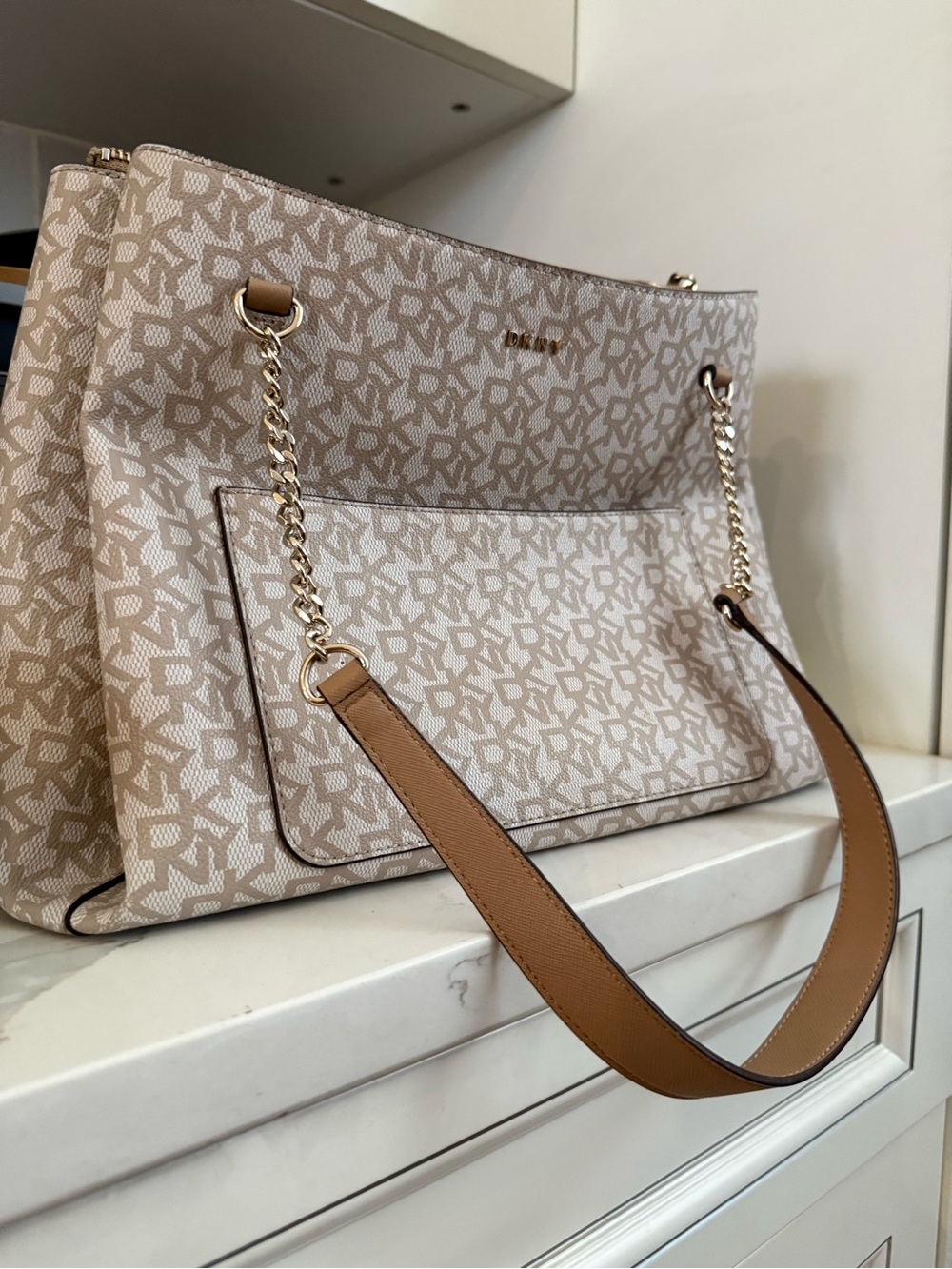 DKNY Beige Monogram Shoulder Tote with Tan Leather Strap